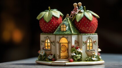 Charming Strawberry House Miniature with Warm Glow.