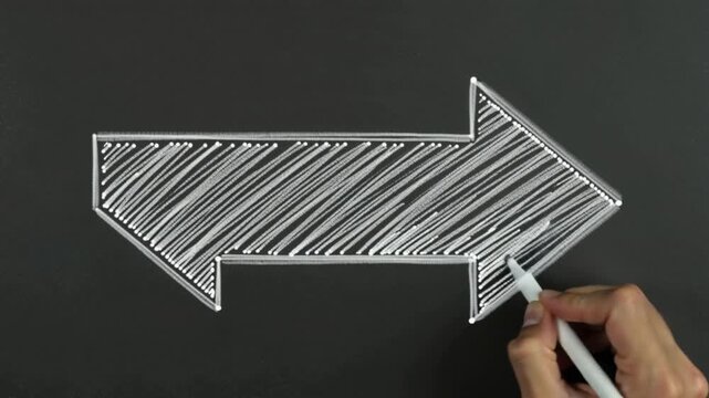 White hand-drawn sketch arrow drawing black background, organic doodle animation, hand-sketched wobble lines, pointing indicator motion graphic, minimalist chalk marker seamless loop, 4K professional