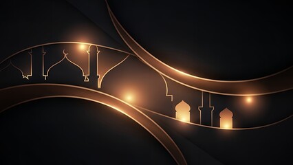 Elegant gold mosque designs on dark background with glowing lights