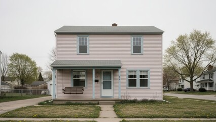 Charming Two-Story Suburban Home with Covered Porch and Green Lawn.
