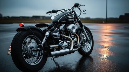 Classic Black Motorcycle Parked on Wet Asphalt After Rain.