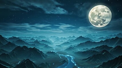 Night fantasy landscape, vast moonlit valley deep blue sky, giant glowing full moon, multiple small planets orbiting slowly light trails, cosmic fog drifting mountains, stardust rivers glowing faintly - Powered by Adobe