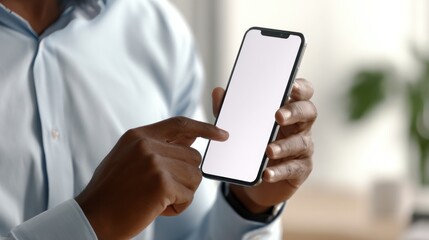 Close-up of a person holding and interacting with a smartphone with a blank white screen.