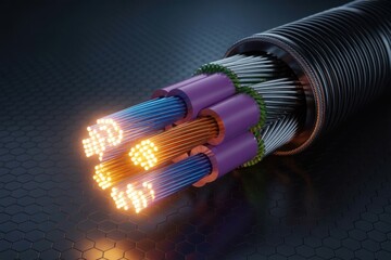 Close-up view of a fiber optic cable with illuminated strands, showcasing data transmission 