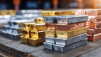 Metal Ingots Showcase: Gold, Silver, Copper, and Steel Ingots in Industrial Setting with Dramatic Lighting