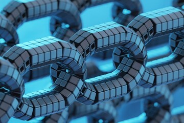 A close-up view of an abstract chain with a blue background. The chain is made up of numerous small, linked components, giving it a modern and technological appearance
