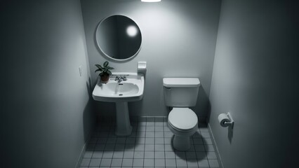 Compact Modern Bathroom Interior with Sink Toilet and Mirror.