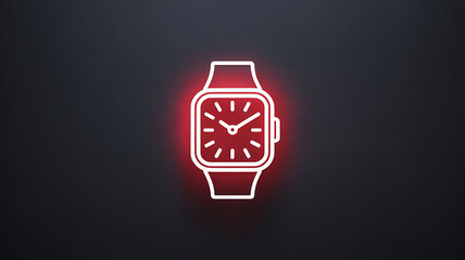 A glowing neon outline of a modern smartwatch is prominently displayed against a dark almost black background creating a striking