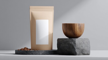 Coffee Packaging Mockup with Wooden Bowl and Coffee Beans.