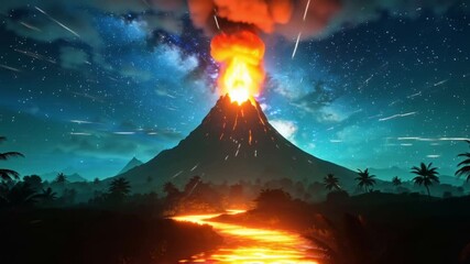 Cinematic fantasy landscape night, massive volcano erupting glowing lava electric blue energy flashes, surreal sci-fi fantasy environment cosmic sky nebula depth, neon river tropical terrain, palms