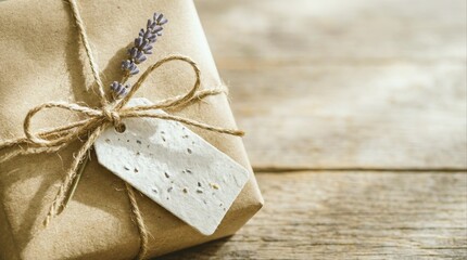 rustic gift wrapped with lavender and twine on wooden table evoking a natural theme
