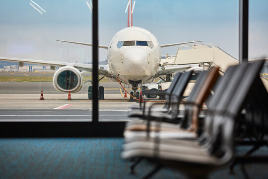 Airplane refueling and departure area. Transportation industry. Fuel supply