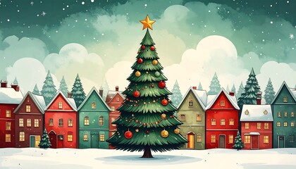 Naklejka premium Festive Christmas Village Scene with Decorated Tree and Snow.