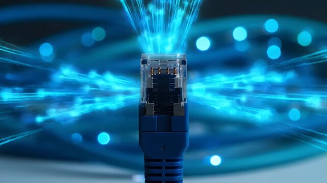 Data streams through a blue ethernet cable, technology concept.