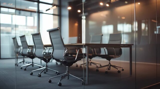 Modern empty conference room with glass walls and swivel chairs