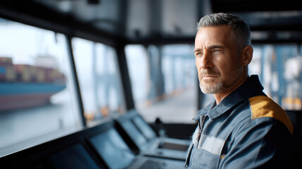 Fototapeta premium Confident crane operator in uniform stands inside control cabin at shipping port, container ship visible outside window