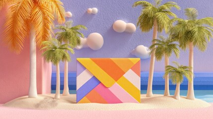 Colorful Envelope on Tropical Beach with Palm Trees and Clouds.