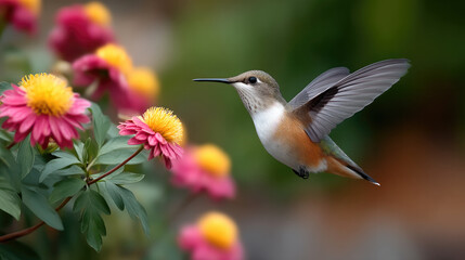 Fototapeta premium Side view of hummingbird hovering near vibrant pink and yellow flowers, green foliage background, nature, peaceful mood
