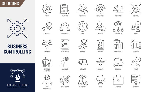 Business controlling icon set. Management, structure, auditing, monitoring and more. Editable stroke. Vector illustration