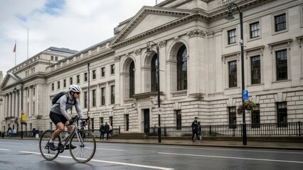 Cyclist Rides Past Historic Building in City on Overcast Day.
