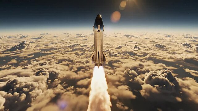 Rocket Launching into Night Sky with Bright Flame and Smoke Trail