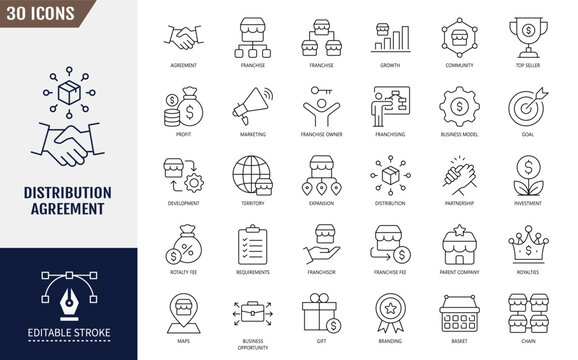 Distribution agreement icon set. Distribution, agreement, contract, deal, partnership, and more. Editable stroke. Vector illustration 