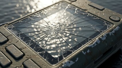 Close-up of a broken mobile phone screen with a spiderweb crack pattern, showing damage and wear.