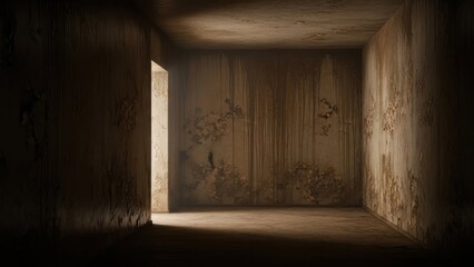 Dark and mysterious empty room with light entering through a doorway.