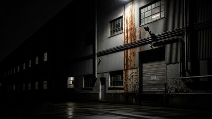 Dark and Moody Industrial Building Exterior at Night.