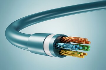 Close-up of a cut cable, showcasing its internal wires with various colors. The vibrant wiring against a gradient background