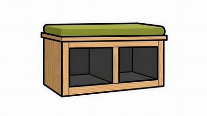 Wooden Storage Bench with Green Cushion.