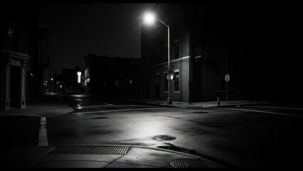 Dark Empty Street Corner with Solitary Streetlight Illuminating the Wet Pavement at Night.