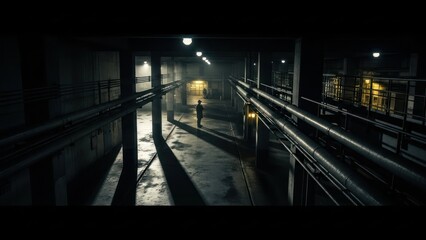 Dark and mysterious underground tunnel with a solitary figure standing in the distance, illuminated by faint lights.