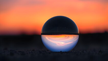 Crystal Ball Reflection of Colorful Sunset Sky. Glass Sphere Lensball on Ground in Nature