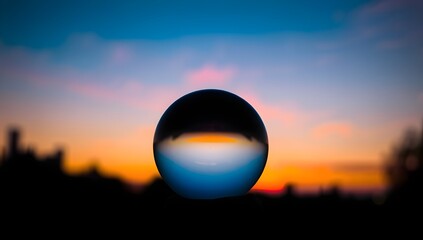 Crystal Ball Reflection of Colorful Sunset Sky. Glass Sphere Lensball on Ground in Nature