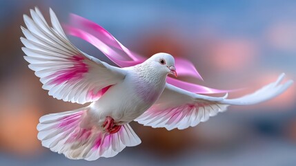 White dove gracefully flying across sky with pink ribbon, symbol of peace and freedom