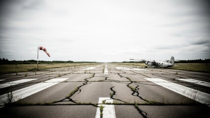 Deserted and Cracked Asphalt Runway with Distant Airplane and Windsock Under Overcast Sky.
