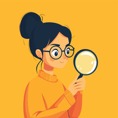 Female character looking through magnifying glass or loupe