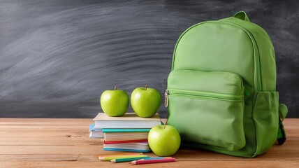 Green backpack near stack of books, apples, and school supplies on wooden with blackboard table background
