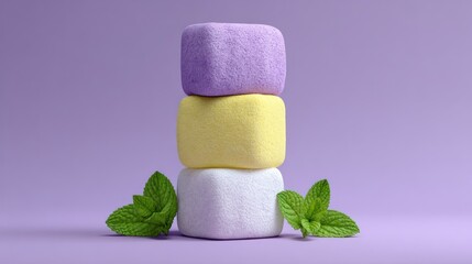 Colorful Marshmallow Stack with Mint Leaves on Purple Background.