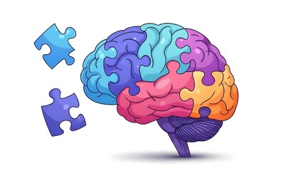 A colorful illustration of a brain with puzzle pieces coming together to represent mental health and wellness