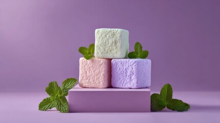 Colorful Marshmallows with Mint Leaves on a Purple Pedestal.