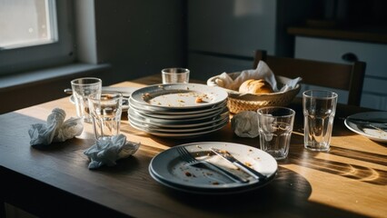 Dirty Dishes and Glasses Cluttered on Wooden Kitchen Table.