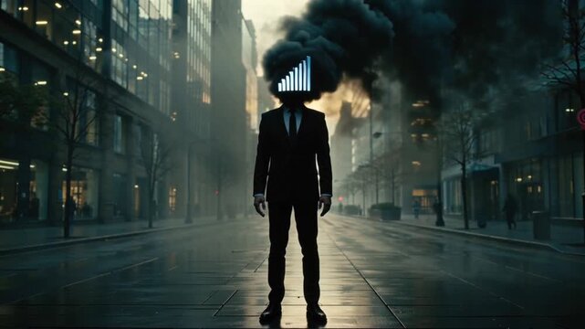 cinematic scene of a headless person black business suit standing petrified  middle  empty city street  dusk. Thick black smoke emits head ephemeral corporate symbols and charts. Moody desaturated