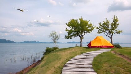 Orange Camping Tent on Lake Shore with Wooden Boardwalk. Scenic Summer Nature Landscape