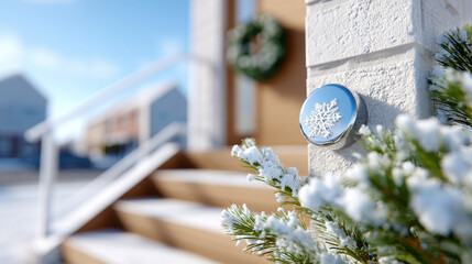 Snow-covered doorbell on winter porch with holiday decorations