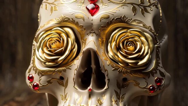 3D cinematic render of a Calavera sugar skull, human skull decorated blooming red roses inside eye sockets, embedded ruby gemstones, intricate carved floral ornaments filled molten gold, luxury 4k