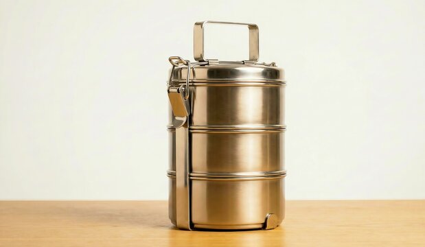 Shiny stainless steel multi-tiered tiffin carrier on a wooden table, perfect for transporting fresh meals and lunch, evoking traditional culinary practices