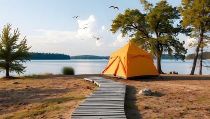 Orange Camping Tent on Lake Shore with Wooden Boardwalk. Scenic Summer Nature Landscape