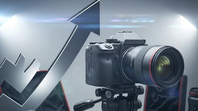 Professional photography equipment arranged with a rising arrow, symbolizing growth and success.